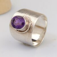 Vintage modernist wide Amethyst Silver Ring 10