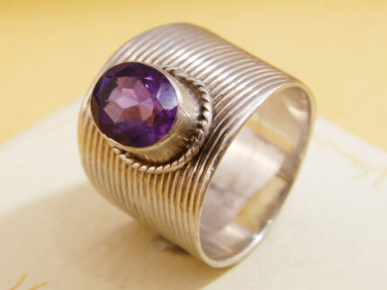 Wide Silver Band Oval Purple Amethyst Ring 5