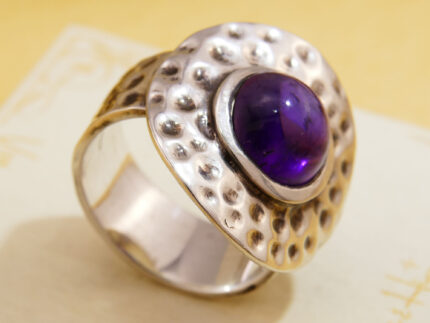Amethyst Cabochon Hammered Heavy Silver Statement Ring 8