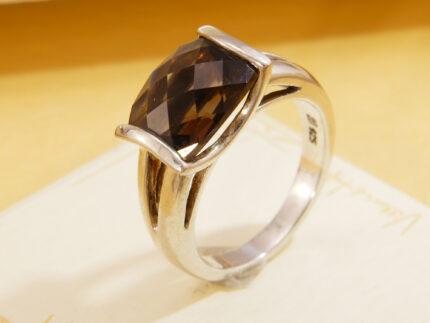 Modernist Rectangular Smoky Quartz Tension Set Chunky Silver Ring 3