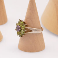 Vintage Peridot Amethyst Daisy Flower Silver Ring