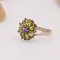 Vintage Peridot Amethyst Daisy Flower Silver Ring 7