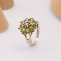 Vintage Peridot Amethyst Daisy Flower Silver Ring 9