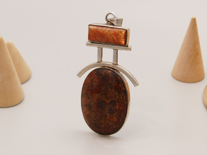 Leopardskin Jasper Orange Sunstone Pendant Silver Boho 1