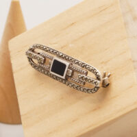 Art Deco Jet Onyx Marcasite Silver Brooch 4