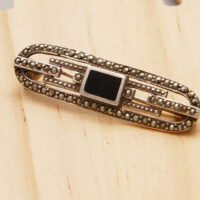 Art Deco Jet Onyx Marcasite Silver Brooch 8