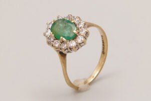 Antique 1ct Emerald Diamond Halo Ring 9ct Yellow Gold 11
