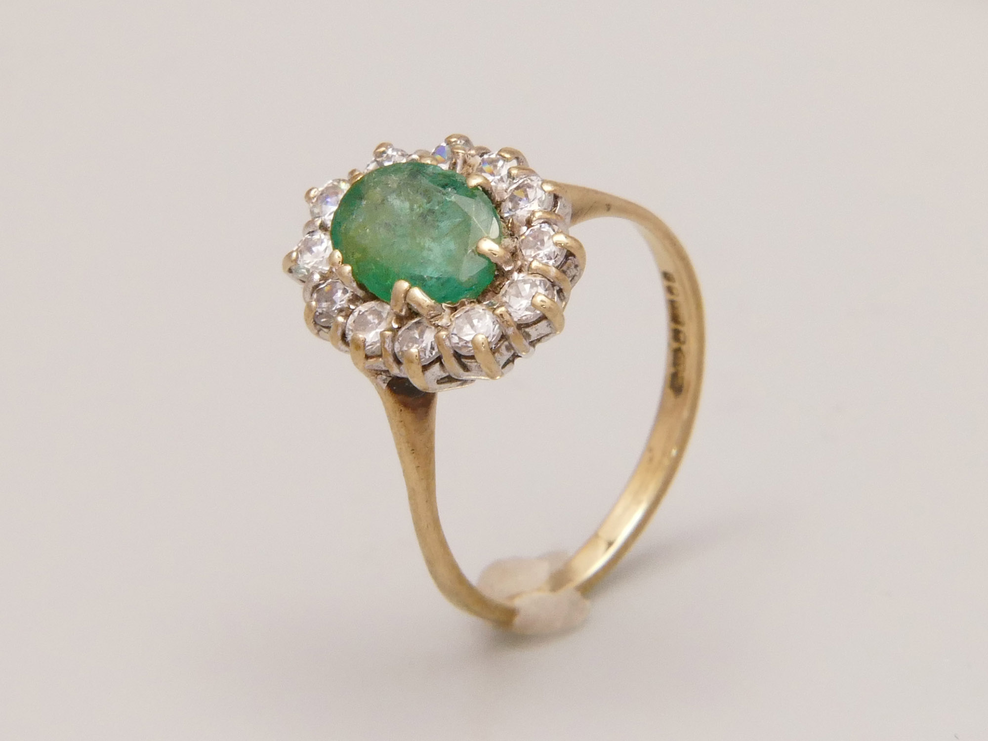 Antique 1ct Emerald Diamond Halo Ring 9ct Yellow Gold 11