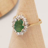 Antique 1ct Emerald Diamond Halo Ring 9ct Yellow Gold 3