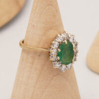 Antique 1ct Emerald Diamond Halo Ring 9ct Yellow Gold 7