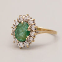 Antique 1ct Emerald Diamond Halo Ring 9ct Yellow Gold 9