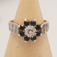 Vintage Blue Sapphire & Diamond Silver Ring 1980 - Daisy Cluster 1