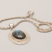 Vintage Labradorite Pendant Necklace in Heavy Sterling Silver + Silver Rope Chain 8