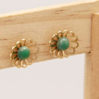 Green Jade Flower Stud Earrings in 9ct Yellow Gold Hallmarked 1968 Payton & Pepper 1