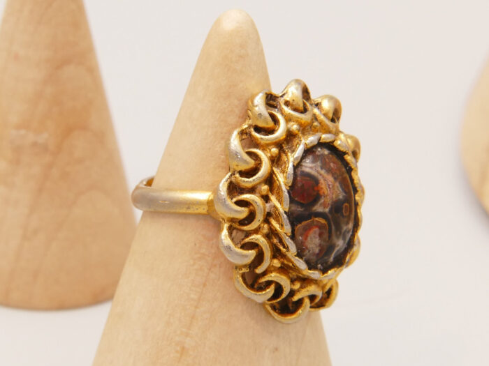 Antique Georgian Leopard Jasper Agate Filigree Ring in Gold Gilt 6