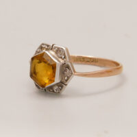 Art Deco Hexagon Citrine & Diamond 9ct Yellow Gold Ring 7