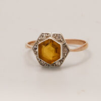 Art Deco Hexagon Citrine & Diamond 9ct Yellow Gold Ring 8