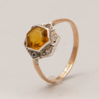 Art Deco Hexagon Citrine & Diamond 9ct Yellow Gold Ring 9