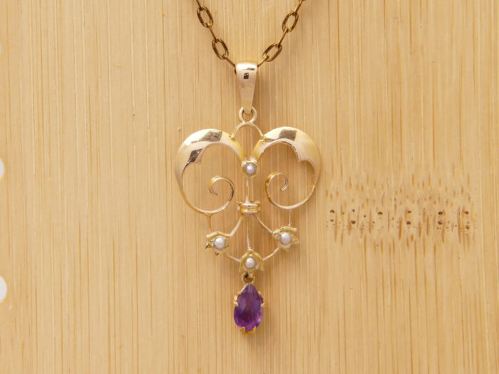 Art Nouveau Lavalier Pendant Amethyst Pearl 9ct Yellow Gold 2