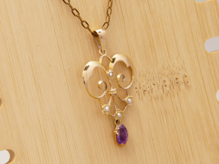Art Nouveau Lavalier Pendant Amethyst Pearl 9ct Yellow Gold 6