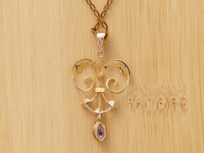 Art Nouveau Lavalier Pendant Amethyst Pearl 9ct Yellow Gold 8