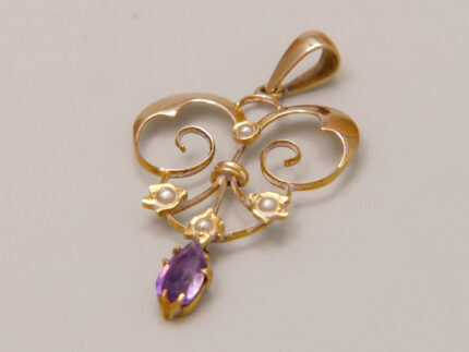 Art Nouveau Lavalier Pendant Amethyst Pearl 9ct Yellow Gold 9