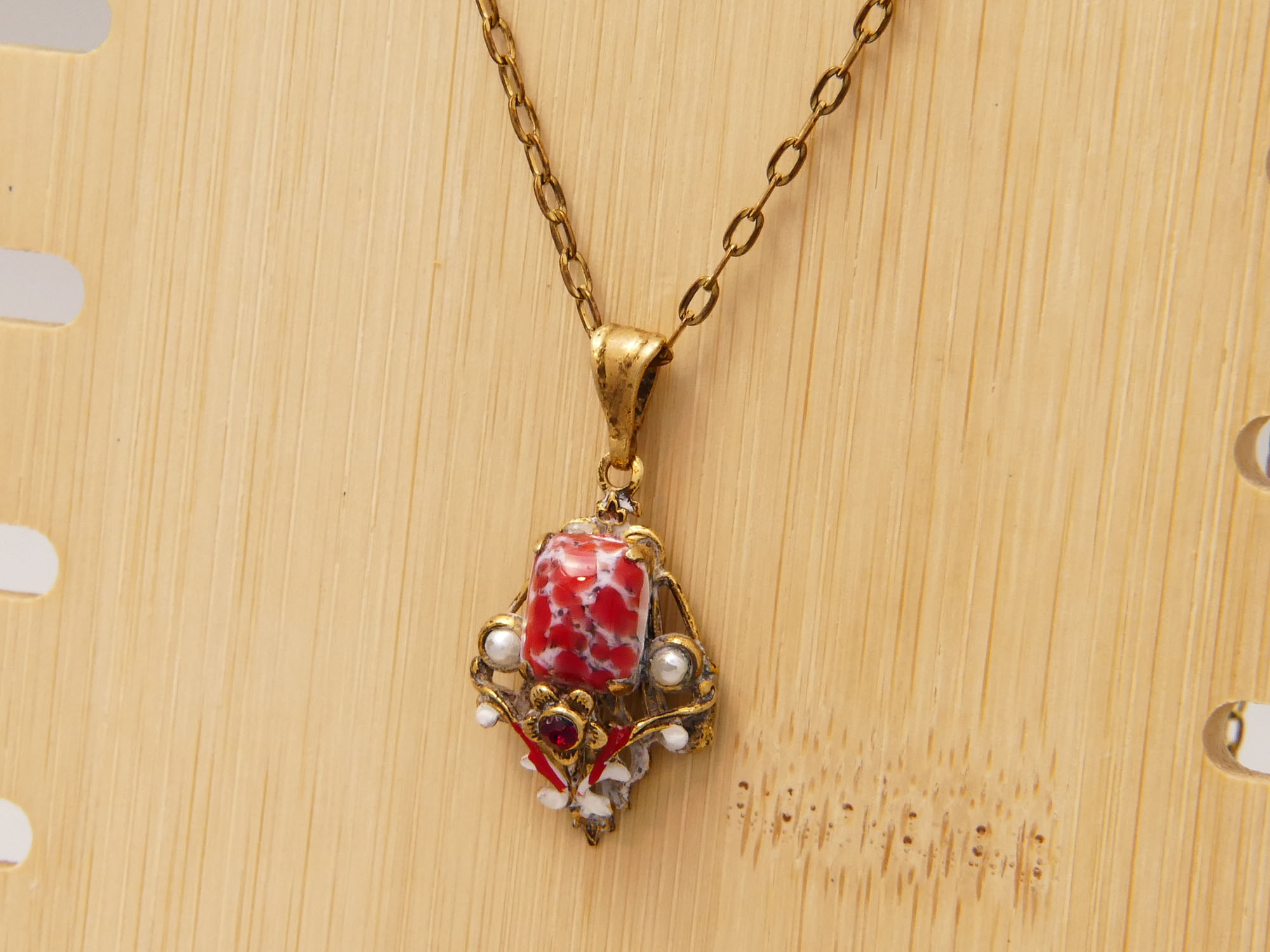 Victorian Pinchbeck Lavalier Pendant Seed Pearls Red Garnet 3