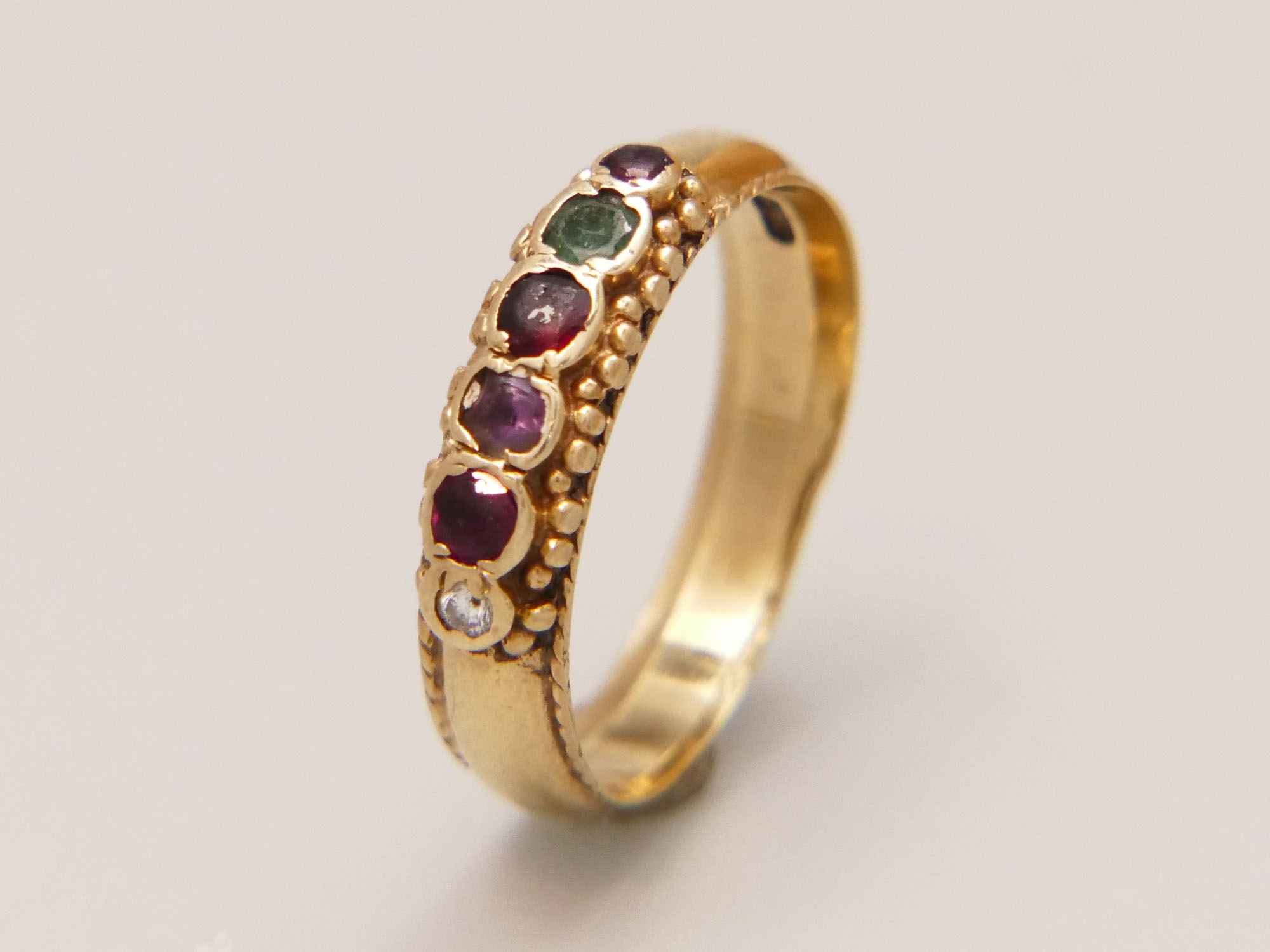 Victorian Multi Stone REGARD Gold Love Ring Ruby Emerald Diamond 9