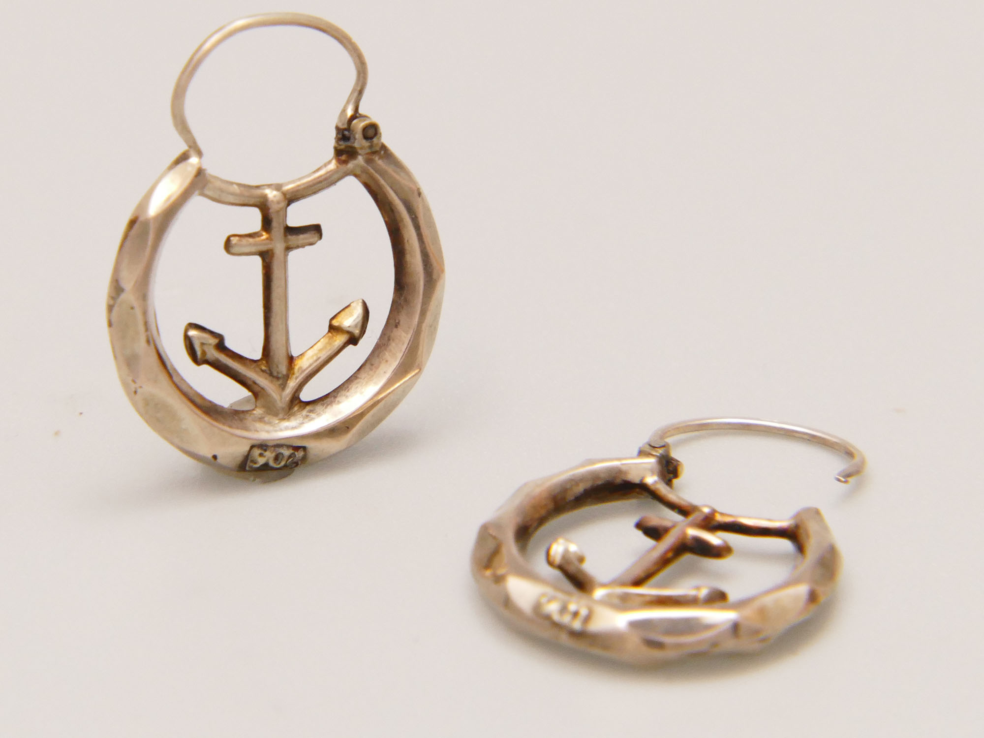 Vintage Anchor Nautical Hoop Dangle Earrings in 9ct Yellow Gold 1950s 9