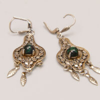 Vintage BoHo Malachite Ornate Fretwork Dangle Earrings in Sterling Silver 1970s 7