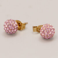 Vintage Pink Rhinestone Swarovski Disco Ball Yellow Gold Stud Earrings 6