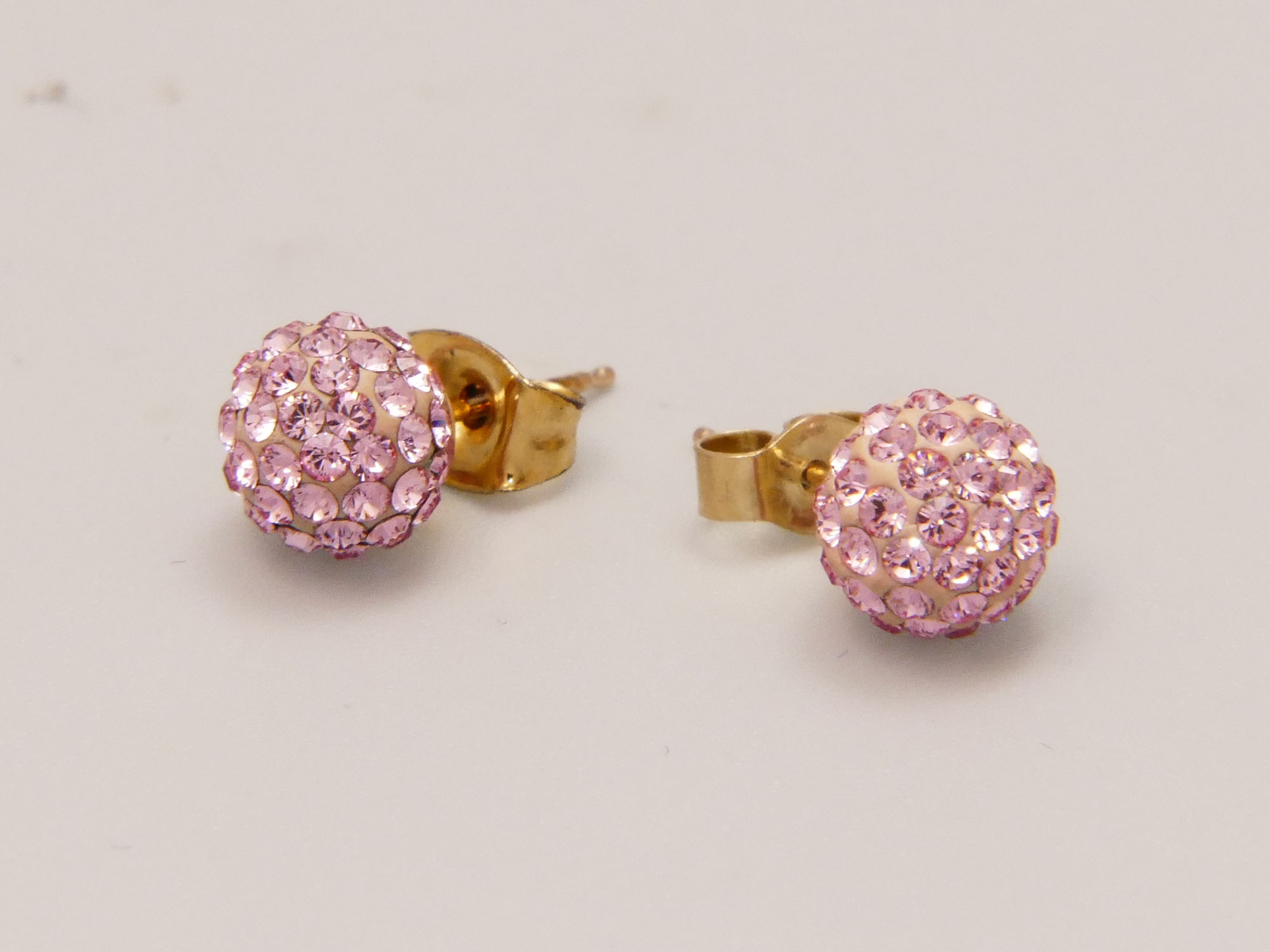 Vintage Pink Rhinestone Swarovski Disco Ball Yellow Gold Stud Earrings 6