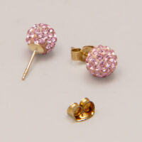 Vintage Pink Rhinestone Swarovski Disco Ball Yellow Gold Stud Earrings 7