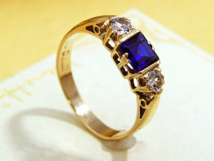 Blue Sapphire Square Princess Cut Gold 3 Stone Ring 8 Blue Sapphire Square Princess Cut Gold 3 Stone Ring 8