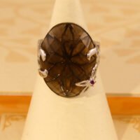 Vintage Floral Smoky Quartz & Ruby Cocktail Silver Ring 1