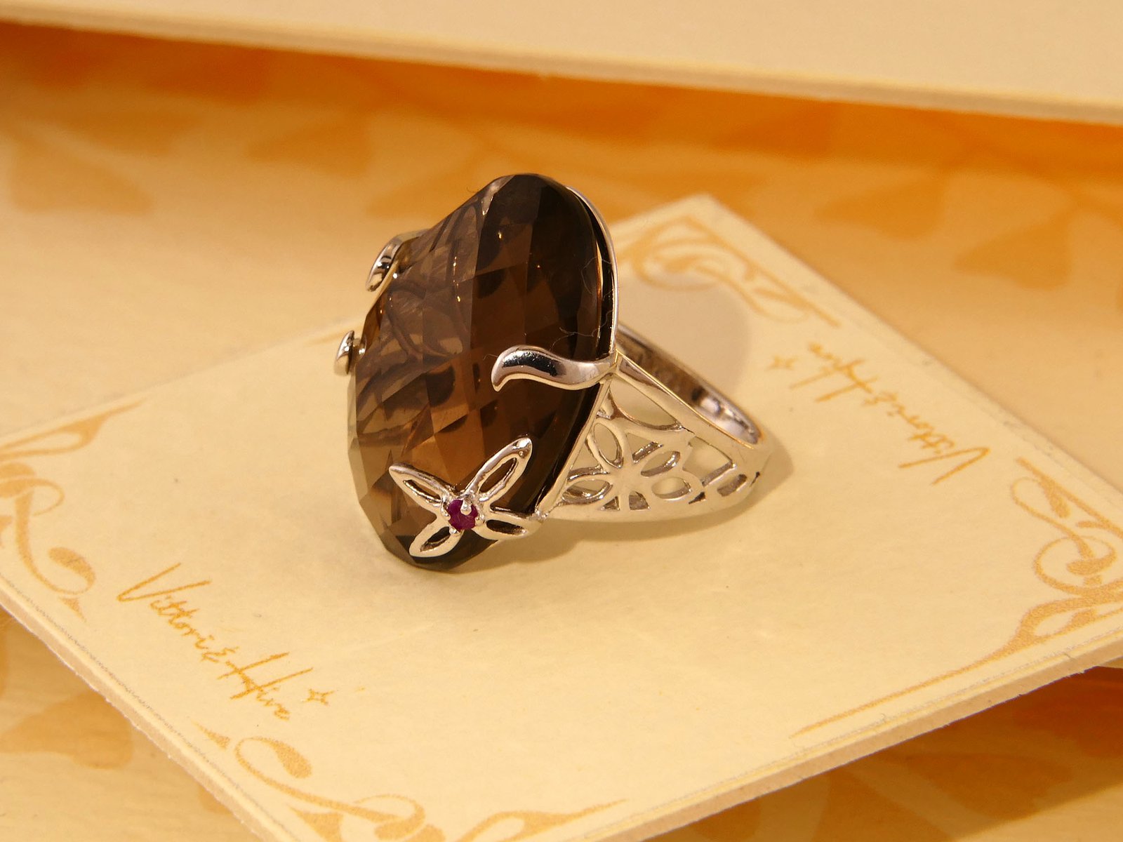 Vintage Floral Smoky Quartz & Ruby Cocktail Silver Ring 5