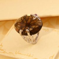 Vintage Floral Smoky Quartz & Ruby Cocktail Silver Ring 8