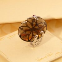 Vintage Floral Smoky Quartz & Ruby Cocktail Silver Ring 9