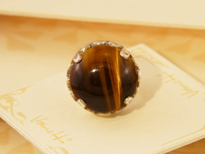 Vintage Modernist Round Tigers Eye Solid Silver Ring Hallmark 1977 2