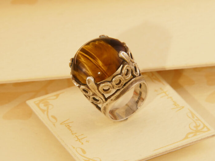 Vintage Modernist Round Tigers Eye Solid Silver Ring Hallmark 1977 5