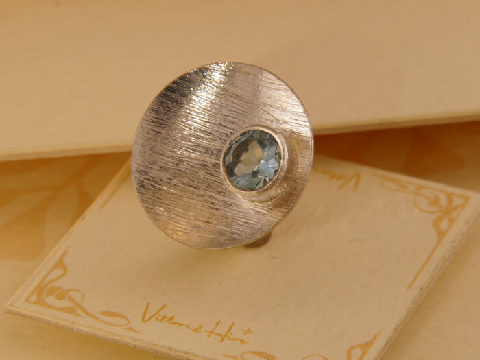 Vintage Retro Blue Topaz Brushed Silver Ring 1960s Style 2