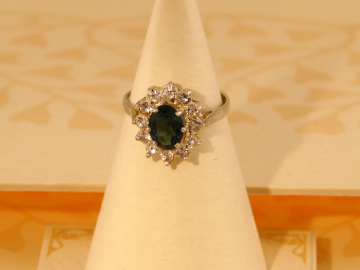 Vintage Sterling Silver Halo Cluster Travel Ring – Blue & Clear Paste 1