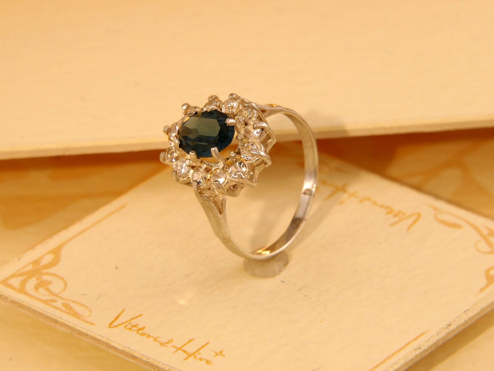 Vintage Sterling Silver Halo Cluster Travel Ring – Blue & Clear Paste 8
