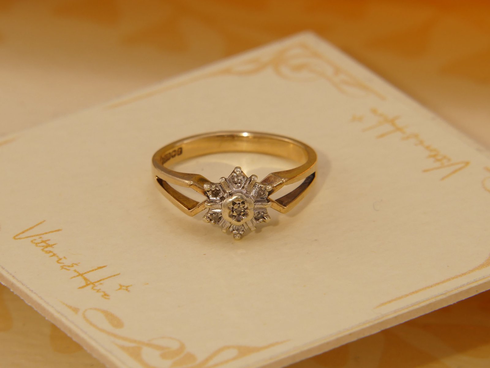 Antique Art Deco Diamond 9k Yellow Gold Ring hallmarked 1899 Geometric Star Design 5