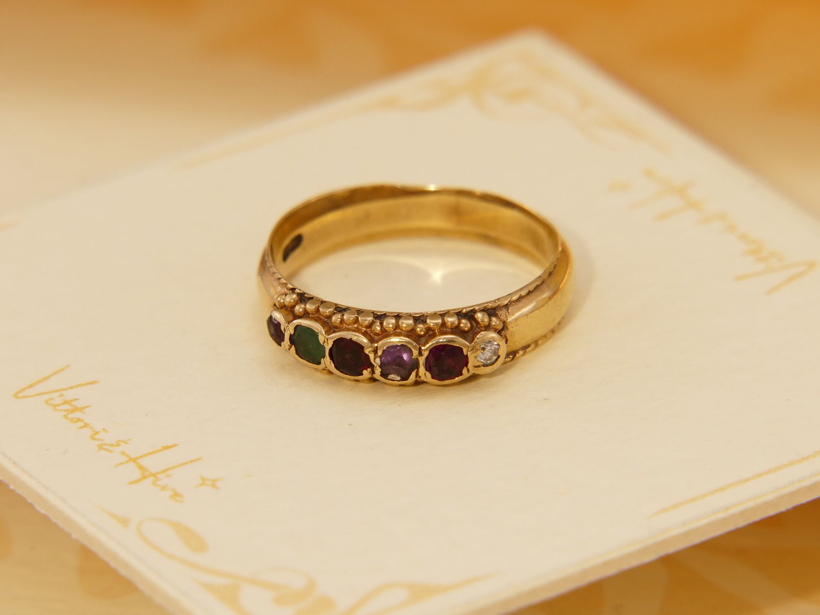 Antique REGARD Acrostic Gold Ring Ruby Emerald Garnet Amethyst Ruby Diamond 5