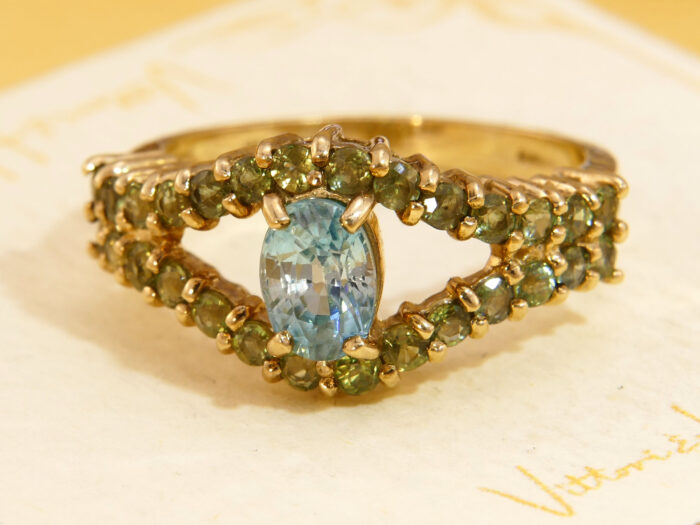Blue Topaz Green Sapphire Evil Eye Yellow Gold Ring 1