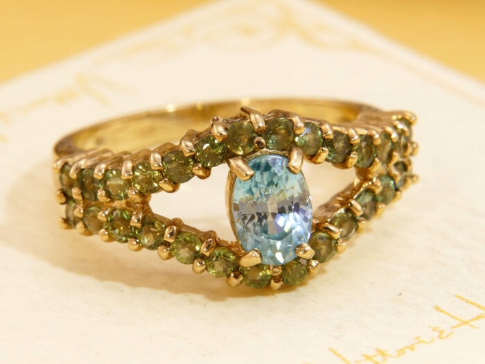 Blue Topaz Green Sapphire Evil Eye Yellow Gold Ring 2