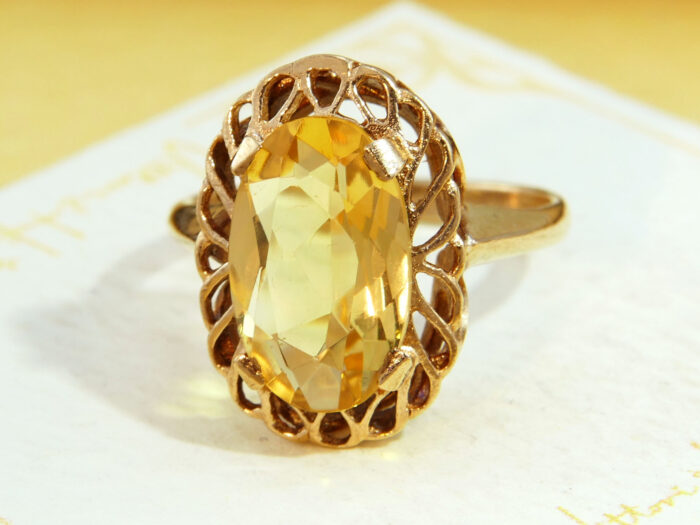 Citrine Cocktail Gold Ring Large Oval Cut Floral Scrolls 1