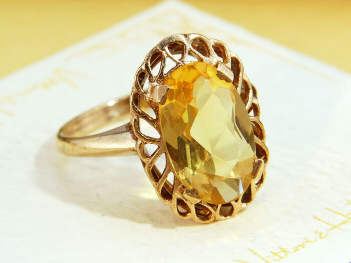Citrine Cocktail Gold Ring Large Oval Cut Floral Scrolls 2