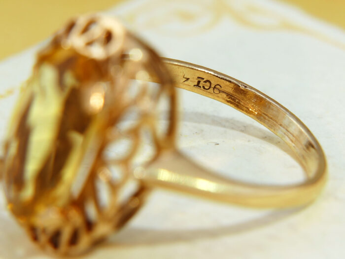 Citrine Cocktail Gold Ring Large Oval Cut Floral Scrolls 3